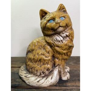 Antique Cast RARE BLUE EYES Iron Cat Bank White / Yellow Hand Painted 8.5”